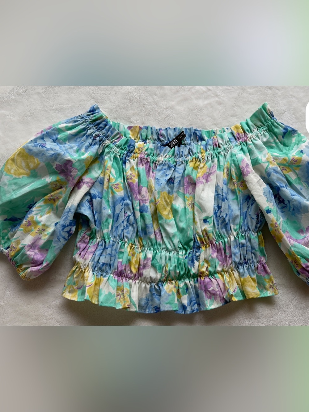 Zara Pastel Floral Off-Shoulder Crop Top - Aqua, Blue, Yellow, Purple